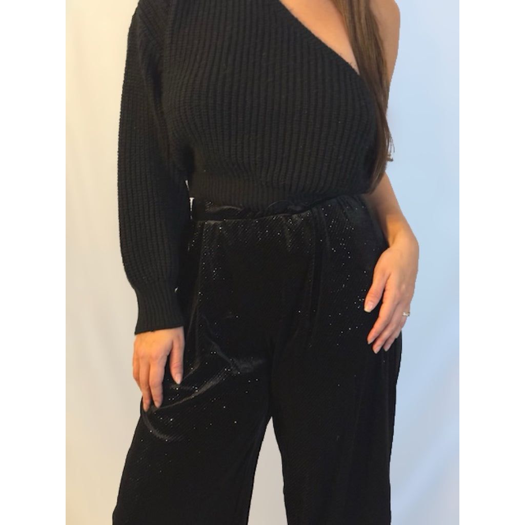 Shimmery Nights Black Velvet Wide Leg Pants