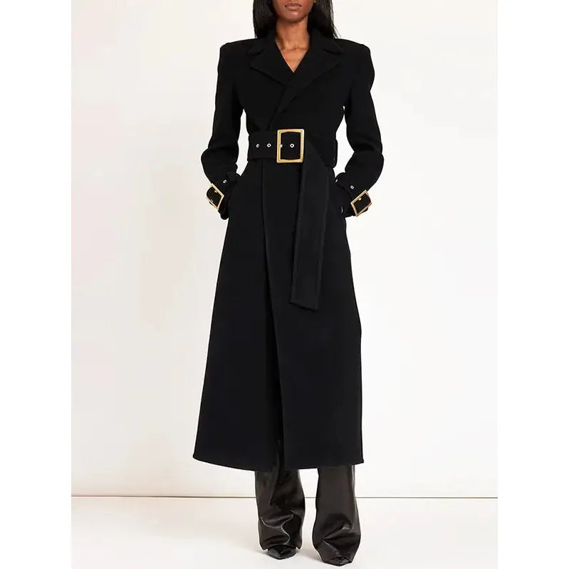 Full Length Black Wool Coat with Gold Accents