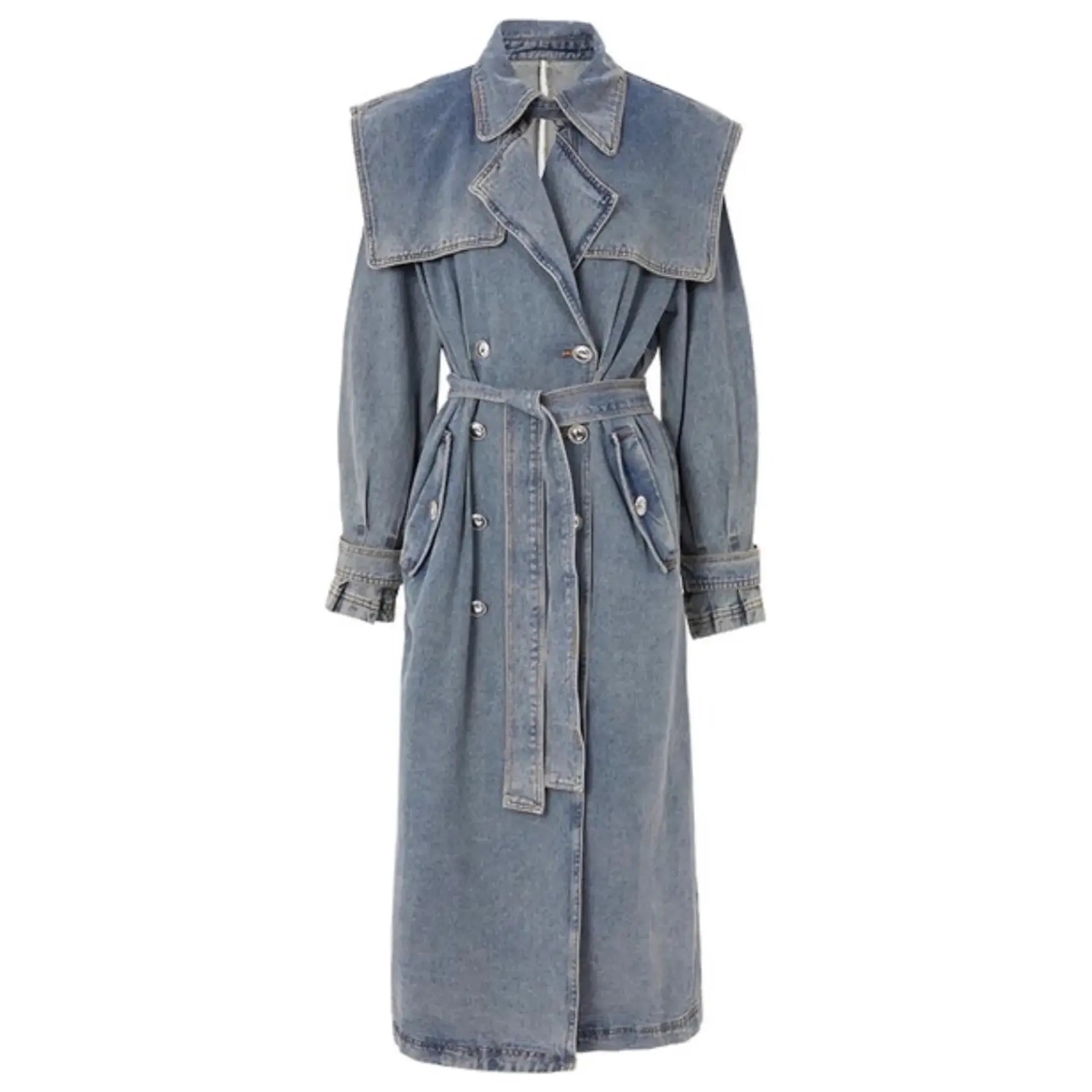 denim trench dress Denim And Cotton Trench Maxi Dress, Streetwear Sleeveless Shirt, Denim Top Collar Dress, Snap-Button Pockets Dress, Cinched Waist Look
