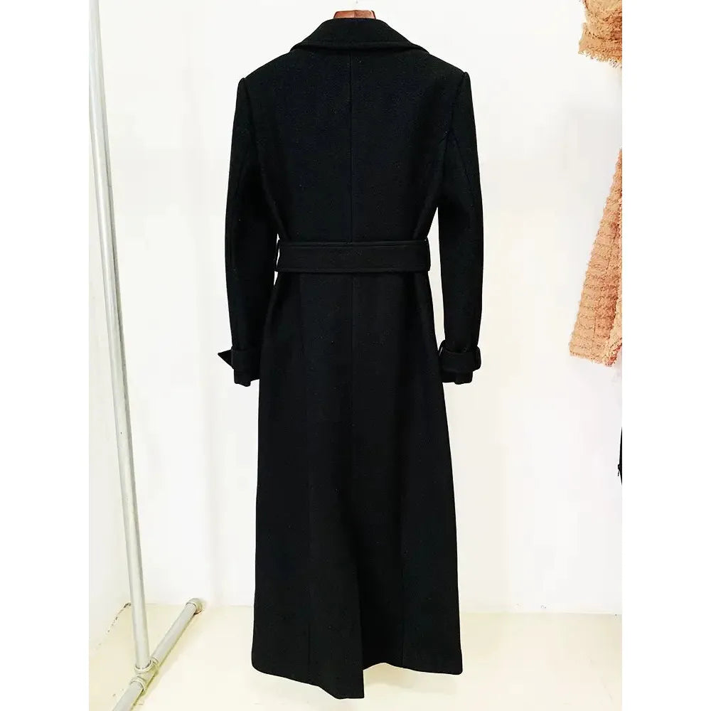 Full Length Black Wool Coat with Gold Accents