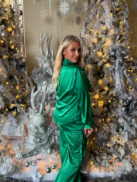 Emerald Glow Satin Cargo 3 piece set